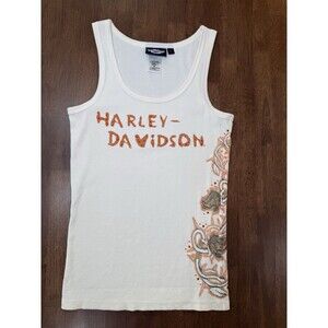 Harley-Davidson Women’s Embellished Tank Top L Ivory Orange Rhinestone Biker